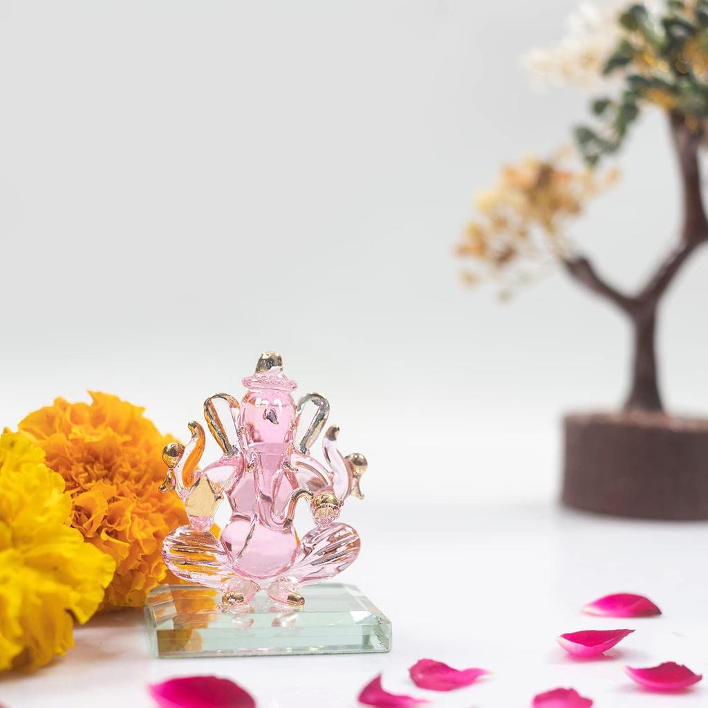 God Ganesh Sitting with Base Statue (Murti) Idol Showpiece Handmade of Crystal Glass by for Worship, Decoration, Car Dashboard, Gift (Clear), Small