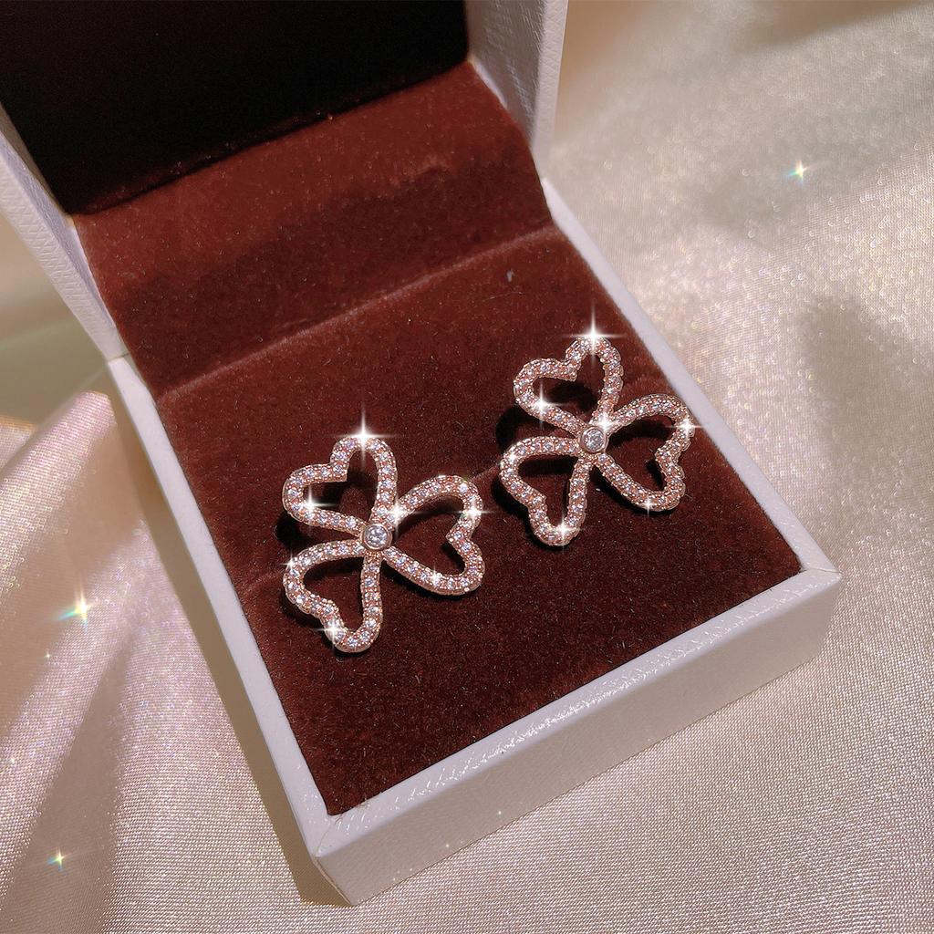 Серьги-гвоздики из серебра 925 пробы Lucky Clover с белым цирконом, кольцо с клевером, серьги-гвоздики, женские креативные ювелирные изделия, подарок для вечеринки, дня рождения