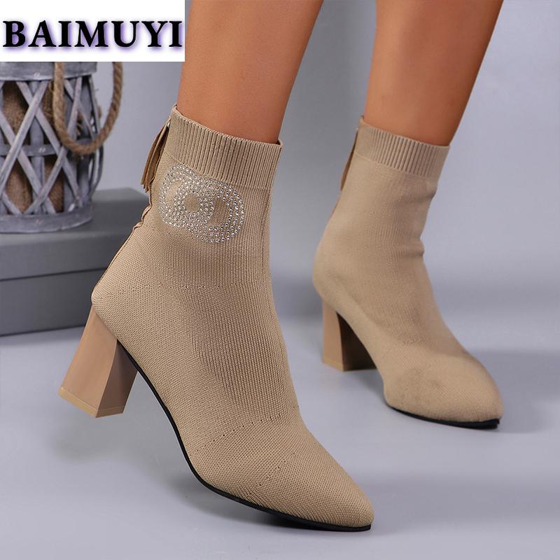 Женские ботильоны на высоком каблуке с кристаллами, остроносые туфли 2025 года, роскошные вязаные толстые зимние ботинки челси, туфли-лодочки Mujer Botas