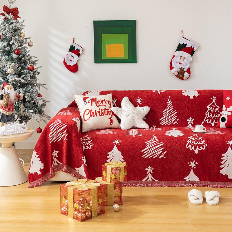 1pc AB Double-sided Available Christmas Sofa Towel Comfortable Cozy Tree Pattern Sofa Cover Towel Holiday Living Room Decoration