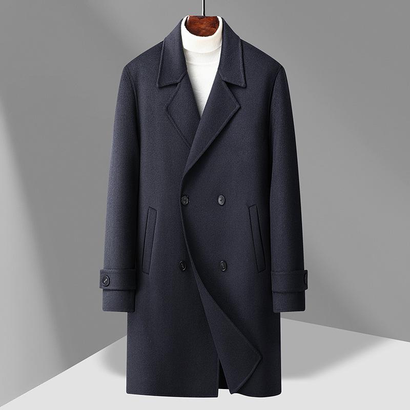 New Men's Double-sided Woolen Medium and Long Suit Collar Double-breasted Woolen Coat Simple Men's Korean Coat