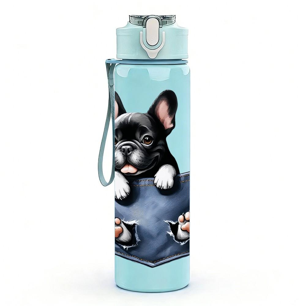 1PC French Bulldog Pocket Print 750ml Color Plastic Sports Water Bottle Leakproof Flip Straw Lid Suitable for Sports Office Home Use