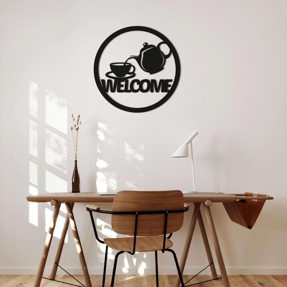 Teapot Welcome Metal Sign: Charming Tea Time Decor with Teapot and Saucer—Perfect for Creating a Cozy Home Atmosphere