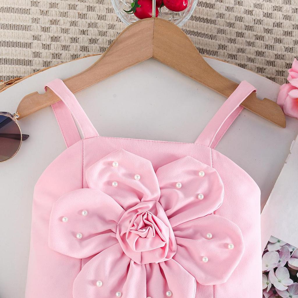 2PCS Girls 3D Flower Beaded Cami Top & Button Skirt Set, Casual Summer Two-Piece Outfit