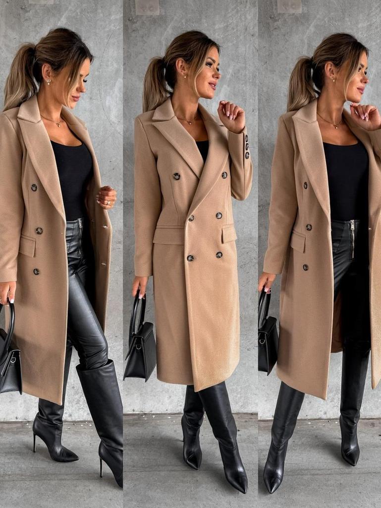 Женское двубортное шерстяное пальто 2023 г. - длинный рукав, осень/зима