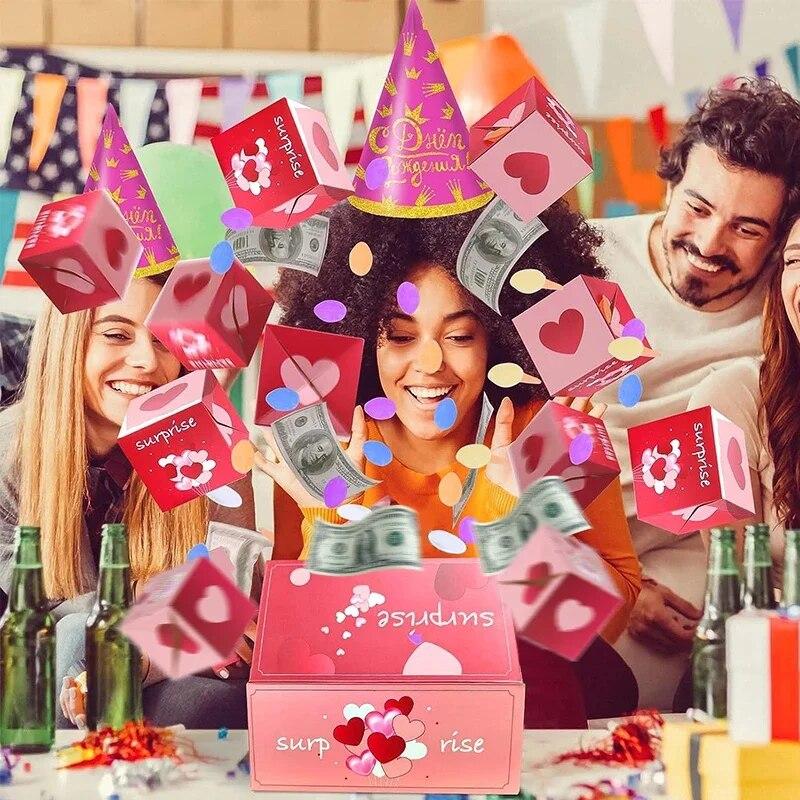 Surprise Gift Box with Confetti Cash Explosion Bounce Gift Box for Money Cards Photo Anniversary Valentine Birthday Prank Boxes