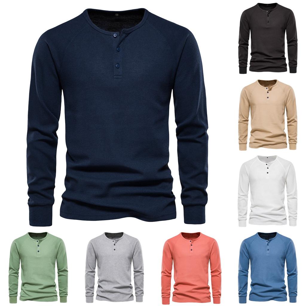 Men's Round Neck Button Long Sleeve Shirt Men's Casual Fashion Solid Color Shirt