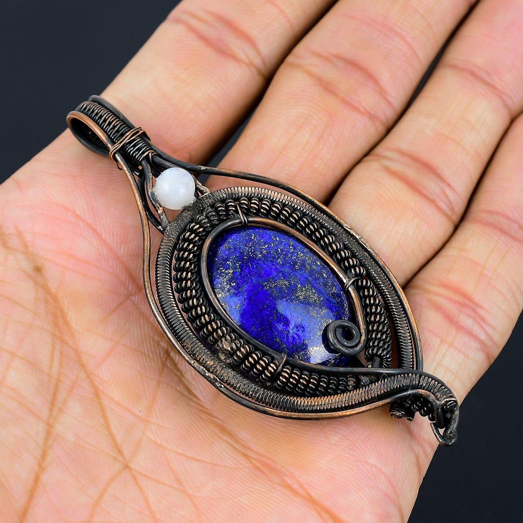Beautiful Lapis Lazuli, Moonstone Gemstone Pure Copper Wire Wrapped Designer Handmade Pendant Jewelry Gift