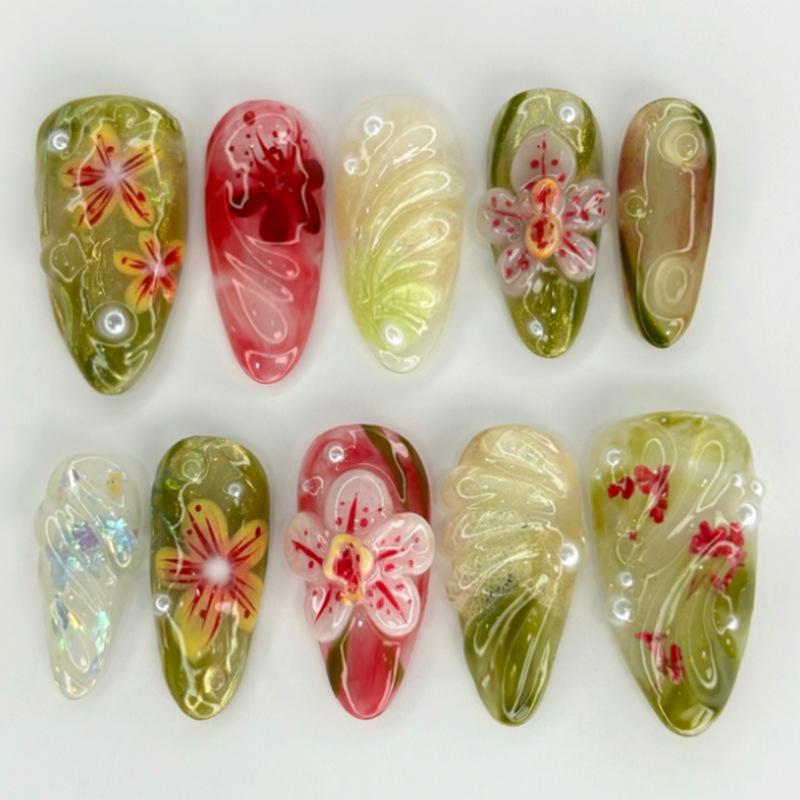 24Pcs Almond Press On Nails Ocean Blue French Tip With Flower Pearl Glitter Simple Wearable False Nail Art Manicure Set