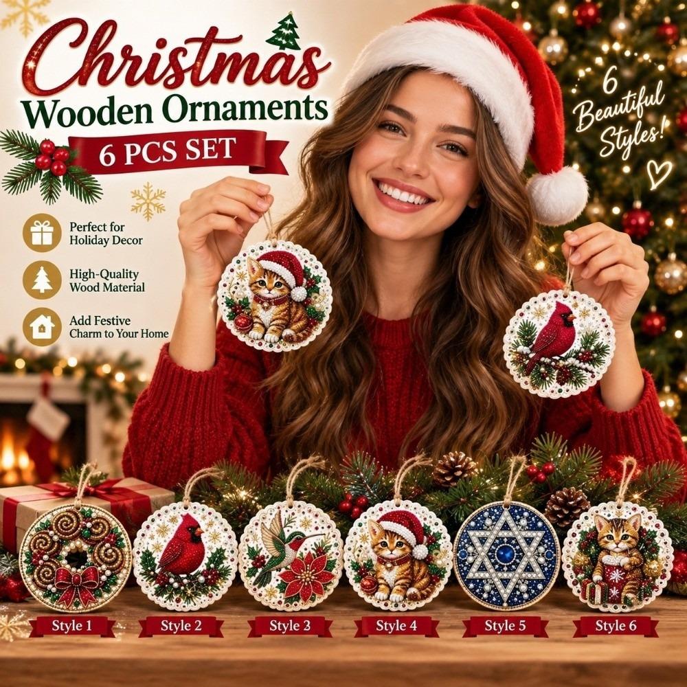 6pcs DIY Craft Pearl Diamond Painting Kit Santa Wooden Tag Pendants Home Decor