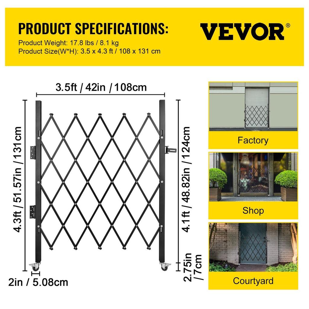 Single Folding Security Gate, 94 × 122 cm(W × H) Folding Door Gate, Steel Accordion Security Gate, Flexible Expanding Security Gate, 360° Rolling