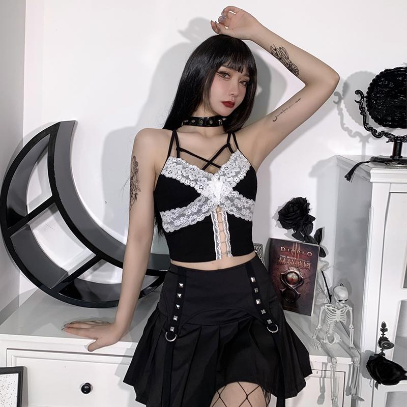 Готическая фея гранж кружева ажурные топы эстетичные сексуальные черные бретельки спагетти укороченные топы с открытой спиной Y2K уличная одежда панк топы