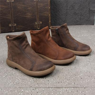 Осенне-зимние женские ботинки из коровьей кожи, ретро, с круглым носком, на короткой молнии сбоку - повседневные ботинки-сигареты для женщин