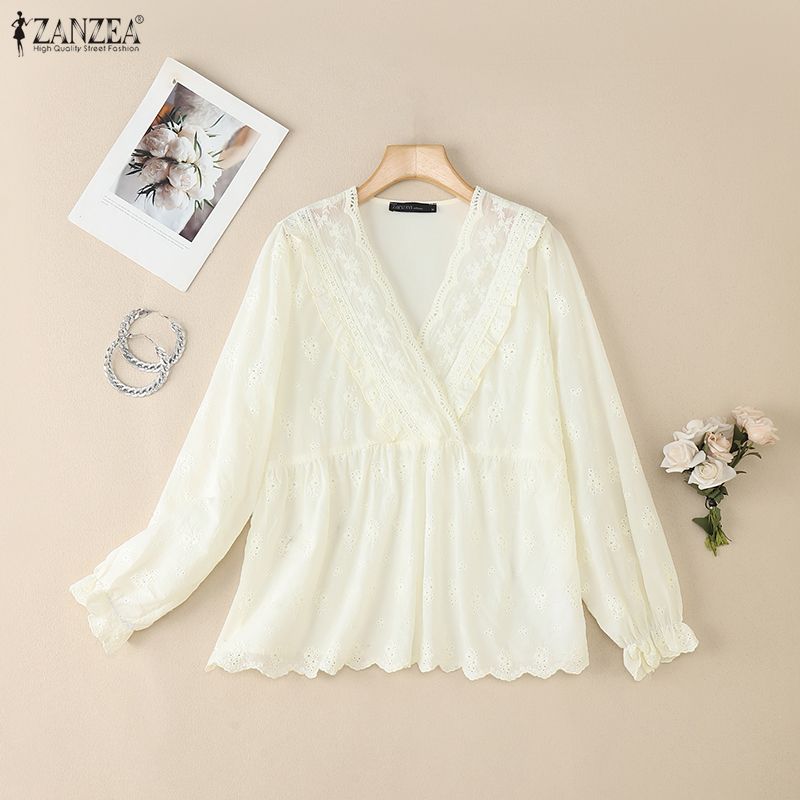 ZANZEA Женская повседневная блузка с V-образным вырезом, длинным рукавом, крючковым пэчворком, свободного кроя