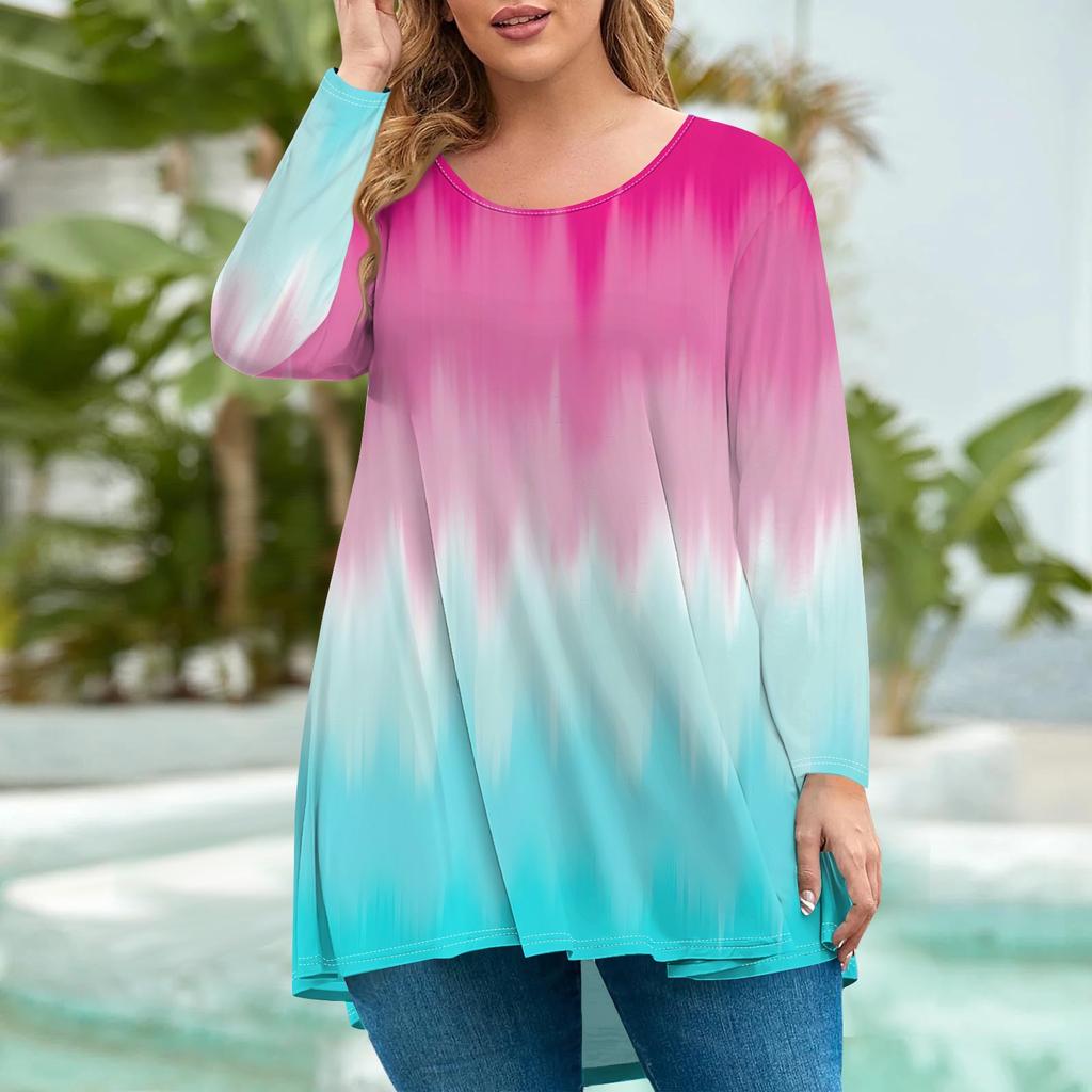 Women's Fashion Large Size Round Neck Long Sleeve Casual Print Loose Pullover Top