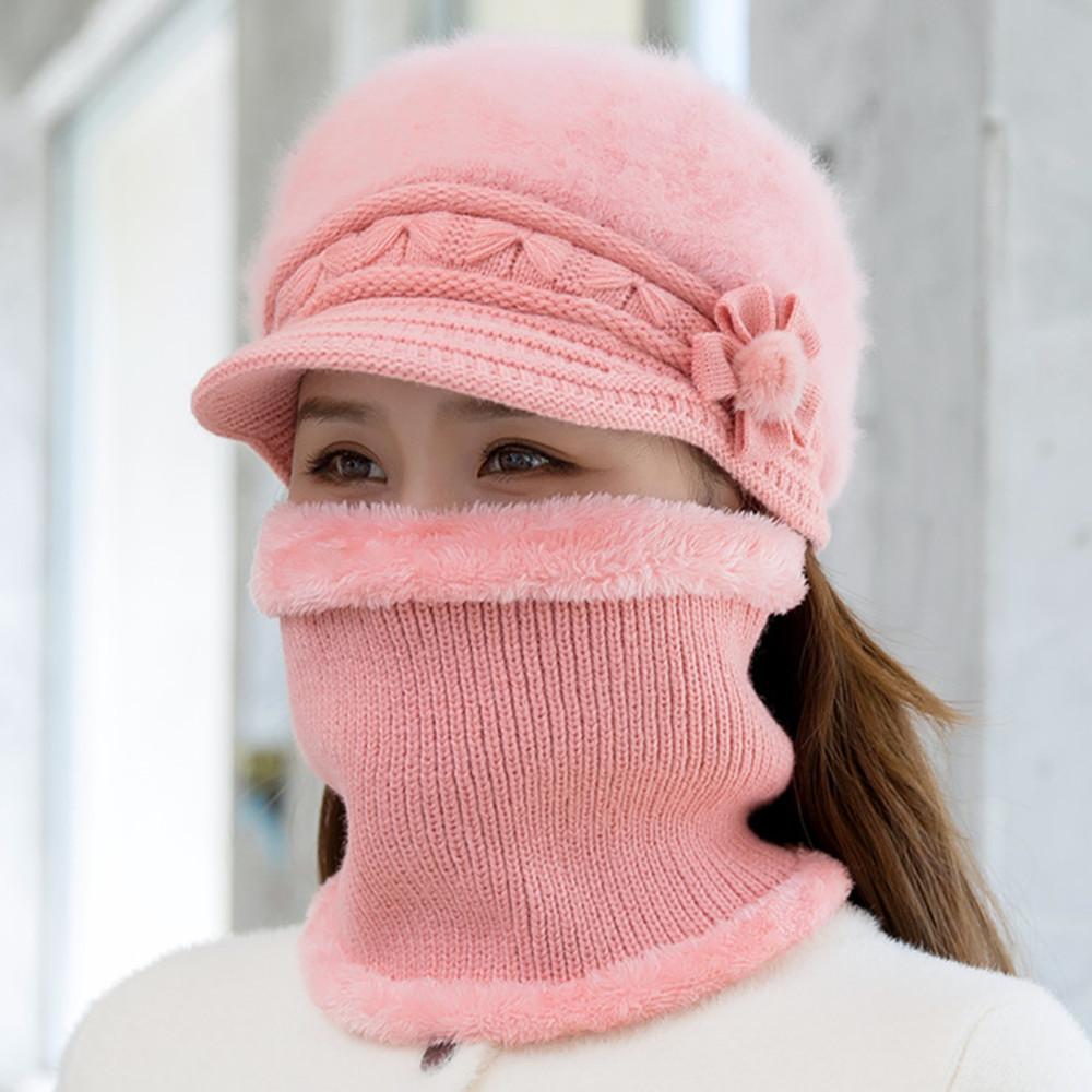 Winter Hat Keep Warm Cap Add Fur Lined Hat And Scarf Set Warm Hats For Female Casual Rabbit Fur Winter Knitted Hat