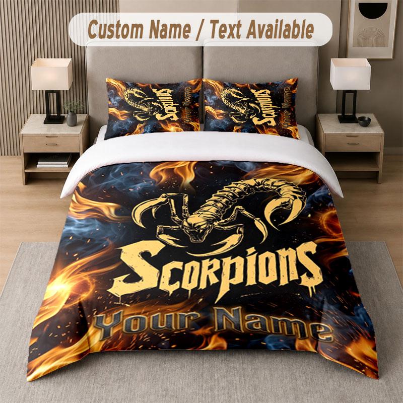 Custom Bedding Set Scorpions Pattern, Print Name Text 1 Duvet Cover plus 2 Pillowcases Home Textile