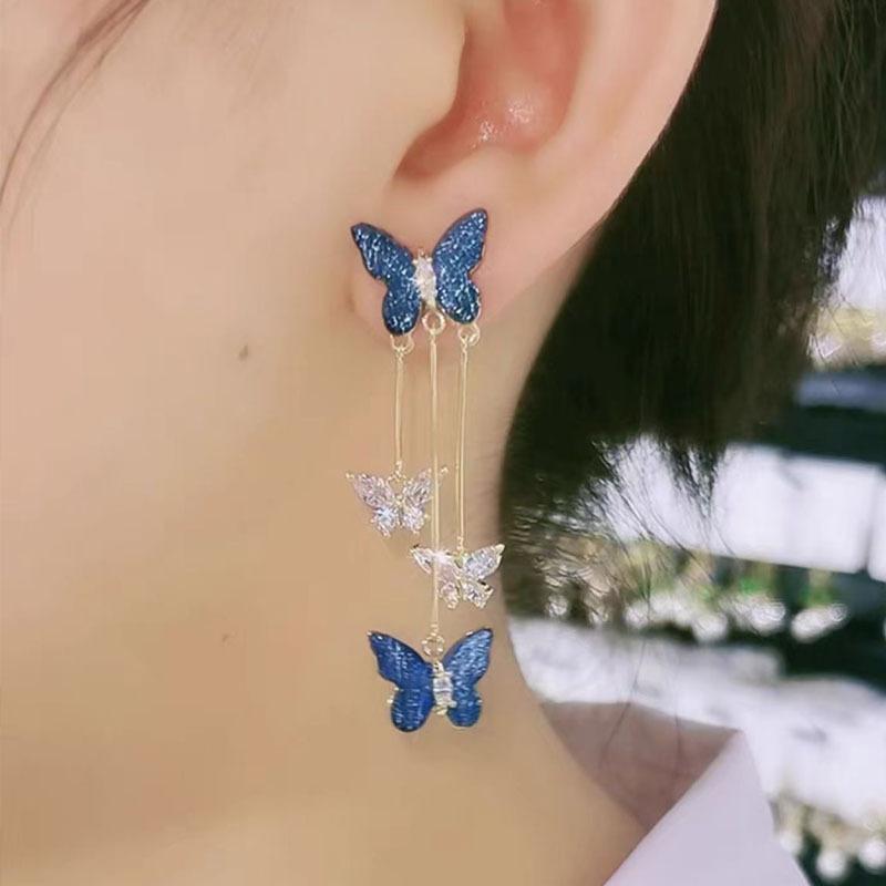 Super fairy butterfly zircon earrings, new models, exquisite high-end long earrings, earrings.
