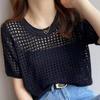 IHUASU Ажурный топ женский летний короткий рукав трикотажный свободный О-образный вырез шелковая блузка шикарные сетчатые топы