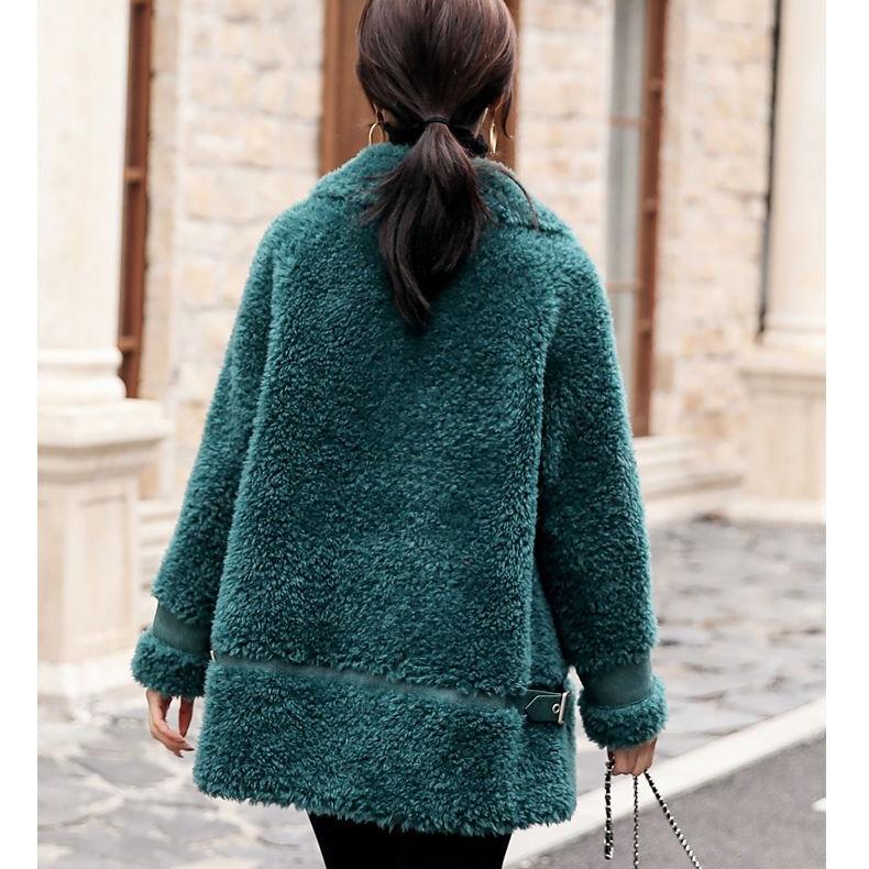 Women's Sheepskin Coat with Fur Pockets, Thick and Warm Winter Jacket