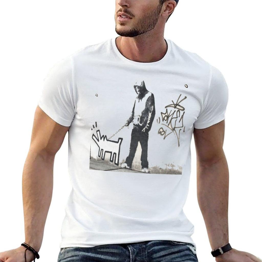 Banksy Dog Walking Graffiti Mural Pink TShirt Standard Fit Solid Tee Shirt
