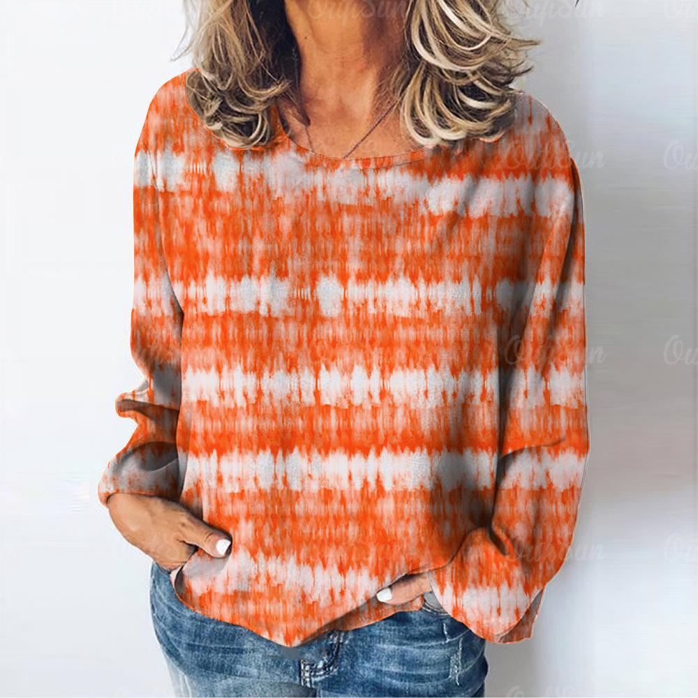 Винтажная женская футболка с длинным рукавом и полосатым принтом в стиле градиента, осенняя хлопковая женская одежда с круглым вырезом, женский повседневный пуловер