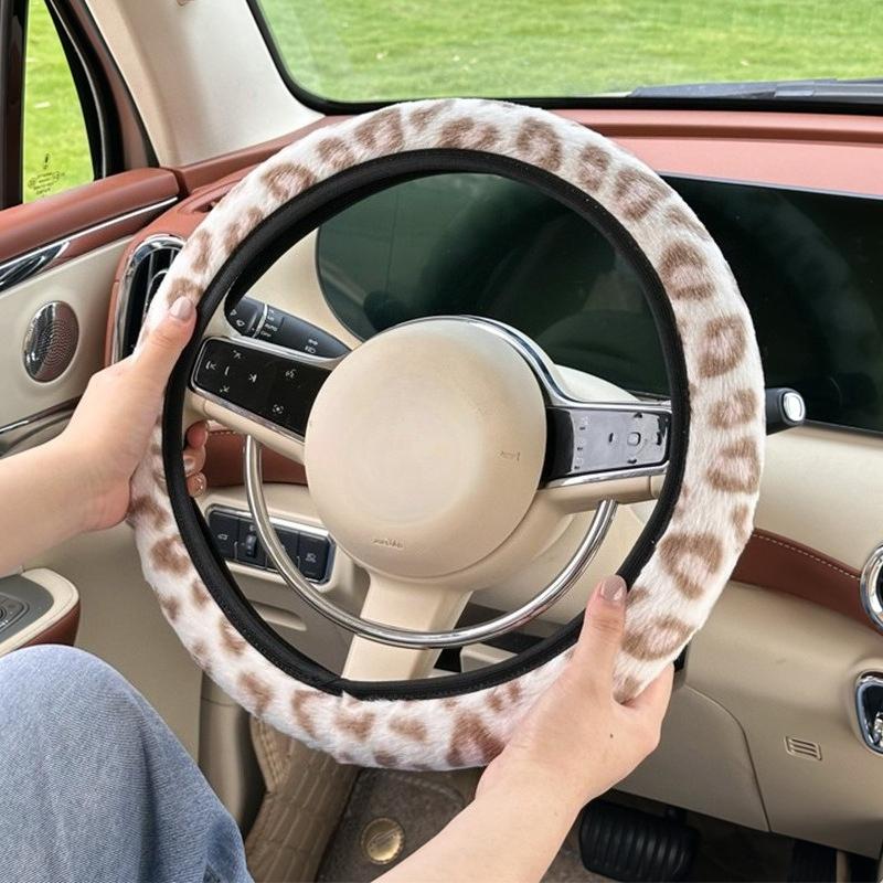 Чехол на руль автомобиля с леопардовым принтом, зимний, плюшевый, теплый, противоскользящий, без внутреннего кольца, защитный чехол на руль