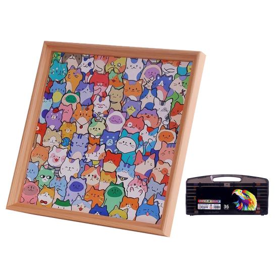 Cartoon Cat Wooden Coloring Puzzle Kit with Photo Frame Marker Pens DIY Hand-Painted Irregular Jigsaw Puzzle Toy Decoration Ornament