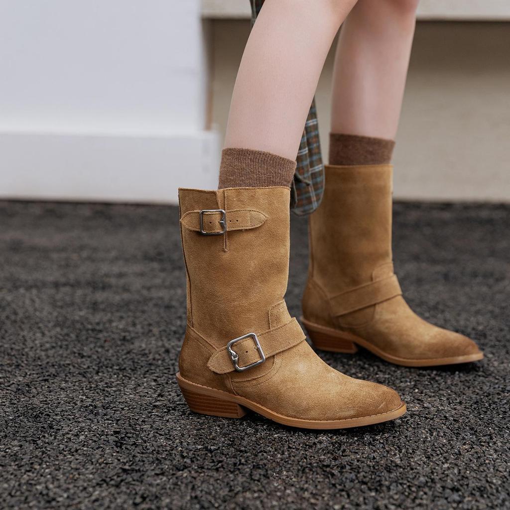 Krazing Pot Осенне-зимняя обувь из коровьей замши и нубука, модные ботинки с круглым носком, сохраняющие тепло, на среднем каблуке, с пряжкой на ремне, с отделкой до середины голени