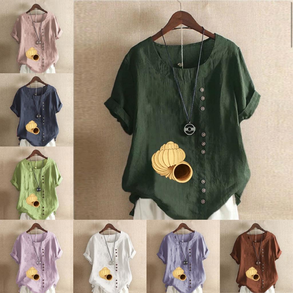 Women's Fashion Conch Print Short Sleeve T-shirt Loose Cotton Shirt Casual Loose Summer Blouse Tops Plus Size