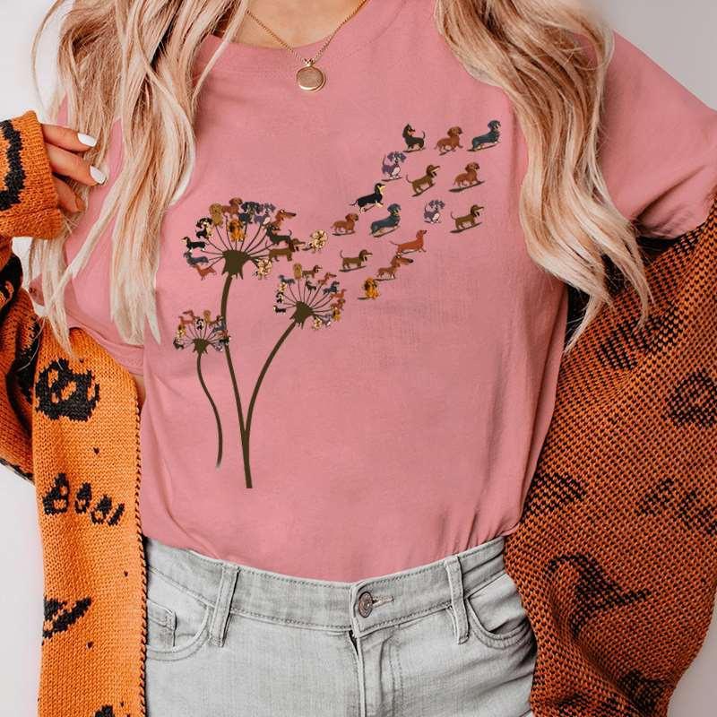 Забавная женская футболка с одуванчиком и таксой, одежда, кавайные женские футболки с мультяшным рисунком, футболка с короткими рукавами, женская футболка, топы