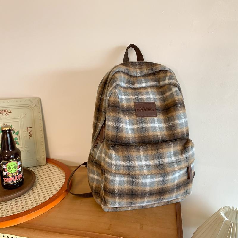 Осенний и зимний шерстяной клетчатый школьный рюкзак для студенток
