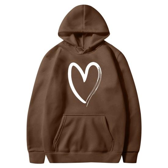 Женские толстовки с принтом сердец, осенние, с длинным рукавом, пуловер на шнурке, оверсайз, флисовая подкладка, с карманом