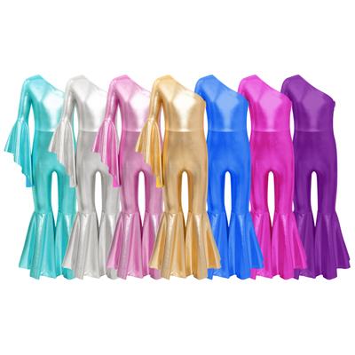 Металлический блестящий расклешенный танцевальный комбинезон для девочек, модный боди на одно плечо с расклешенными рукавами, карнавальный костюм для вечеринки