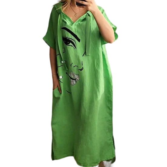 Женское платье с принтом лица, свободное платье с капюшоном и шнурком в богемном стиле с короткими рукавами, городской стиль, пуловер с разрезом по краю и боковым карманом, платье миди длиной до середины икры