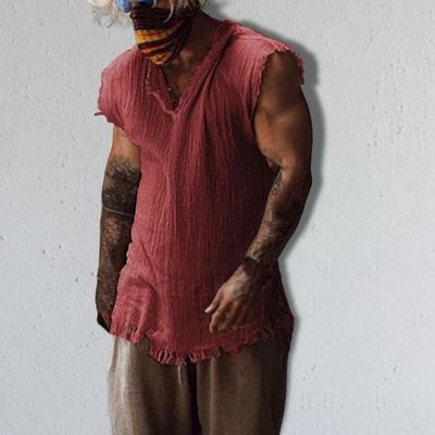 Мужской жилет однотонный повседневный досуг индивидуальный старый стиль свободный тип рваный край V-образный вырез без рукавов мужской топ-майка повседневная одежда