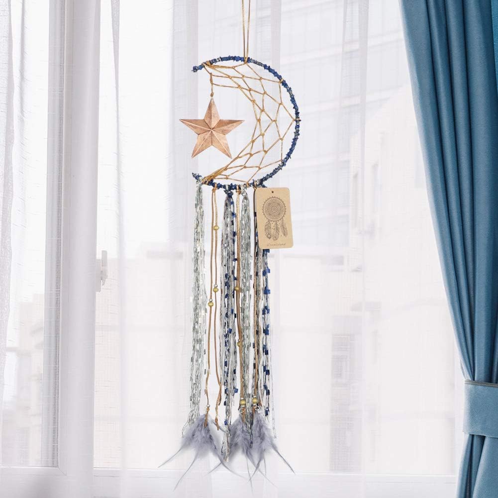 Dremisland Blue Dream Catcher Handmade Half Circle Moon Design Dream Catcher Feather Hanging with Star Home Decoration Ornament Festival Gift (Moon&