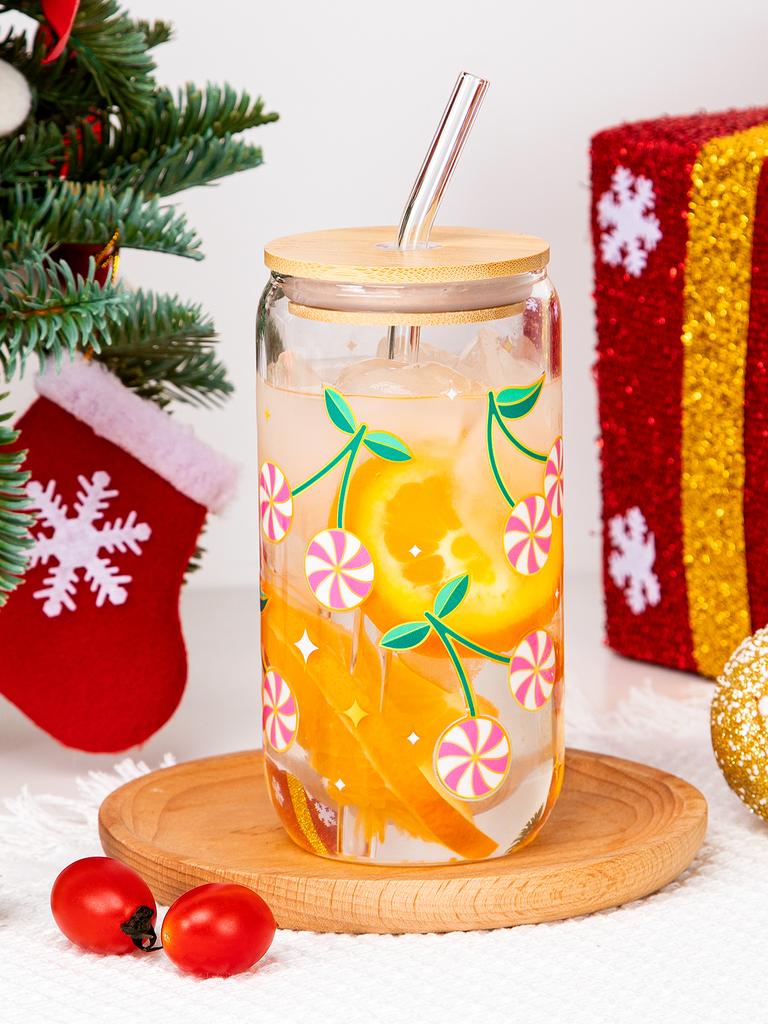 500ml Christmas Glass Cup Xmas Tree High Borosilicate Drinking Glass With Lid&Straw,Brush Juice Coffee Cup Christmas Gifts