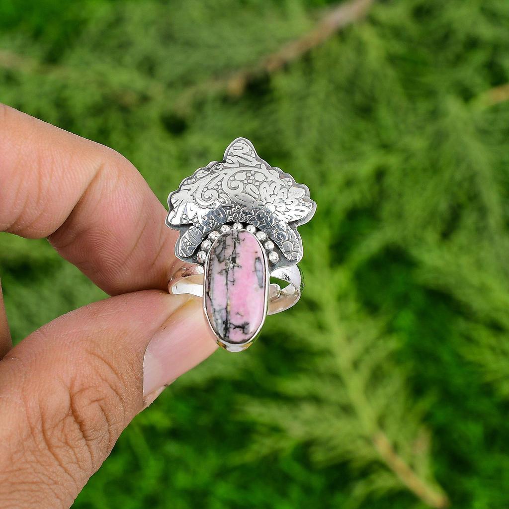925 Sterling Silver Natural Rhodonite Art Deco Multi Stone Promise Ring Jewelry