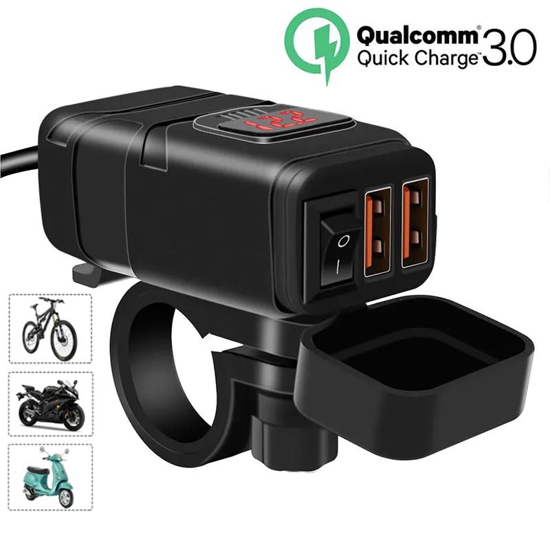 12 В мотоциклетное зарядное устройство с двумя USB-портами QC3.0, быстрое зарядное устройство на руль, водонепроницаемый адаптер для розетки, цифровой вольтметр, переключатель ВКЛ./ВЫКЛ.