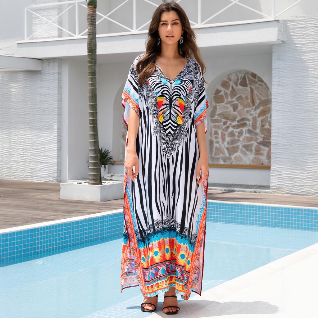 Женская мода лето весна перо принт рукава 1/2 V-образный вырез свободная талия повседневные платья