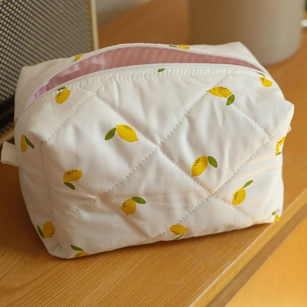 Flower StrawberryPrinted Floral Puffy Quilted Makeup Bag Toiletry Handbag for Women Girls