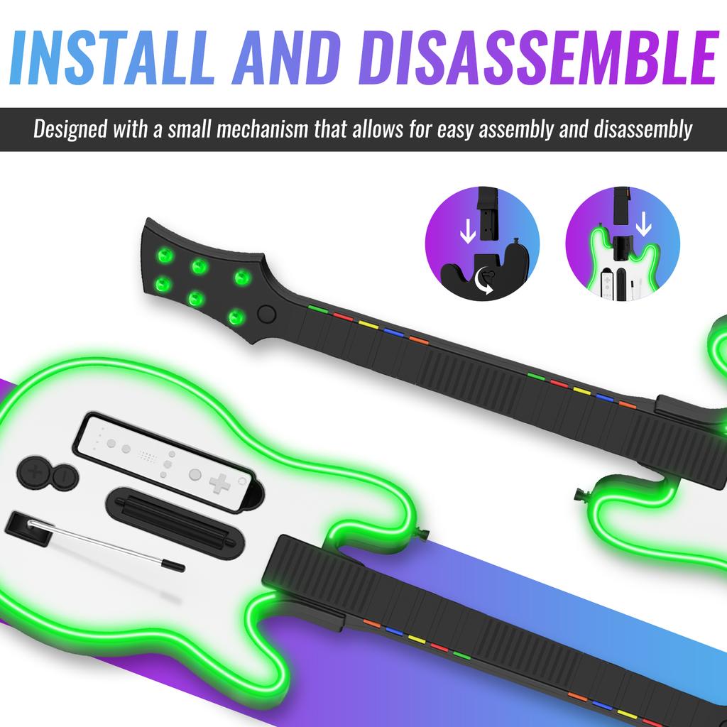 Беспроводной гитарный контроллер для Wii Remote, поддержка игр Guitar Hero и Rock Band 2 на Wii U, с ремешком и RGB-подсветкой W001