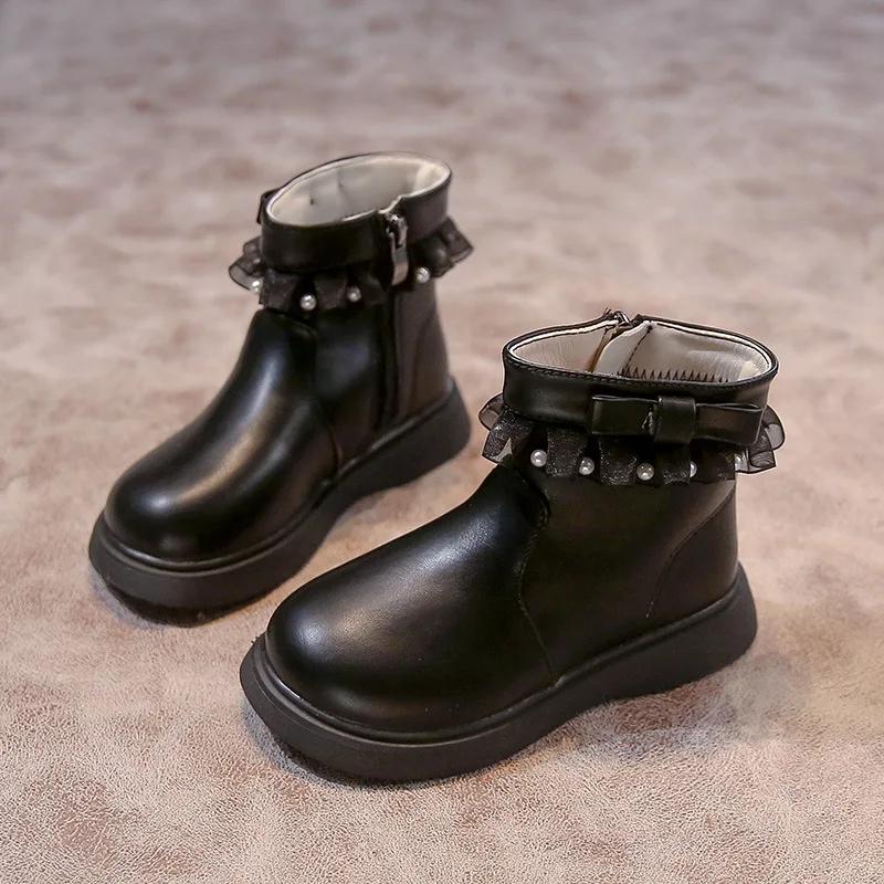 Туфли принцессы для девочек с кружевом Детские короткие ботинки с боковой молнией Нескользящие 2024 Осенняя мода Элегантные ботильоны для девочек Искусственная кожа