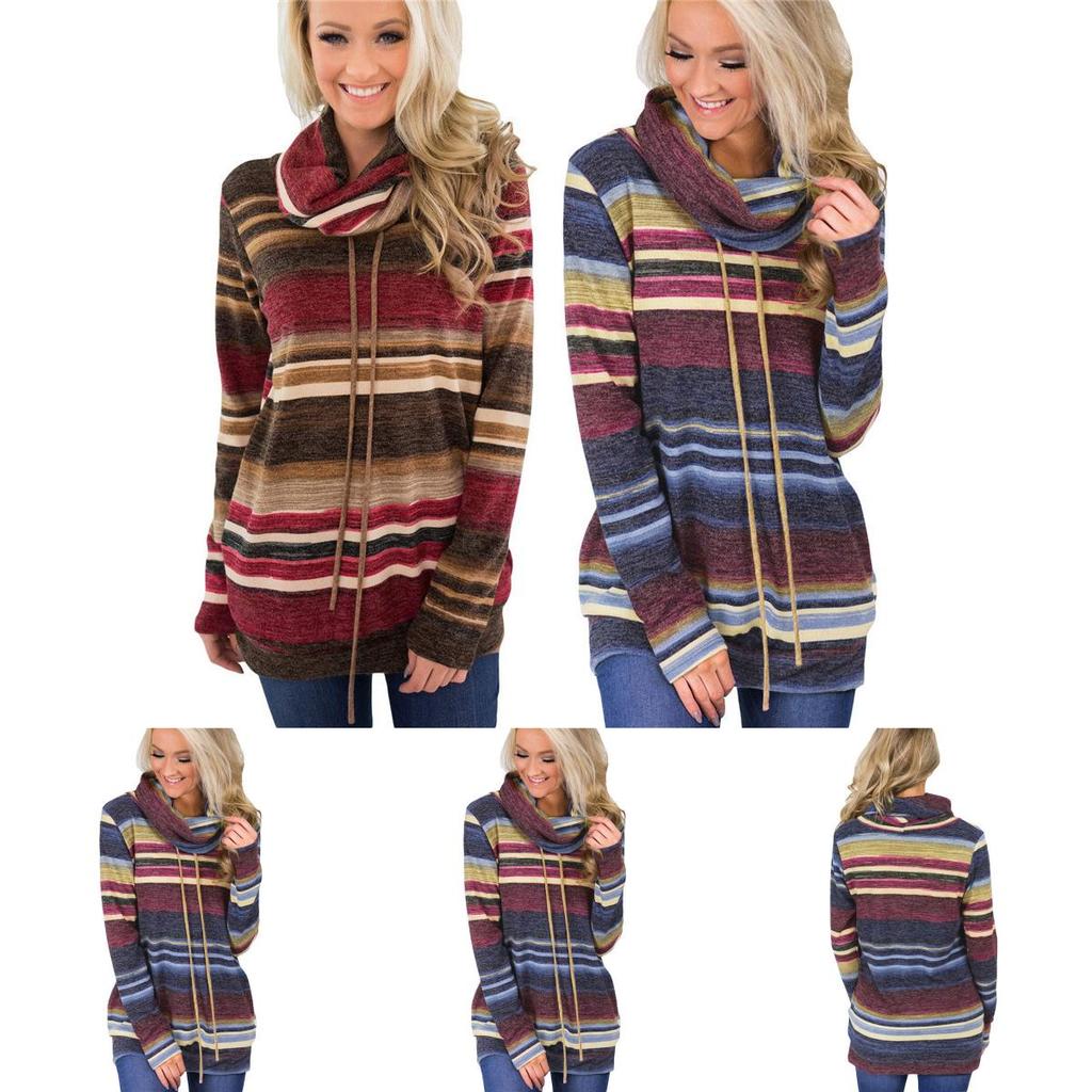 Womens Hoodie Blouse Sweatshirt Long Sleeve Jumper Pullover Striped Top Shirt