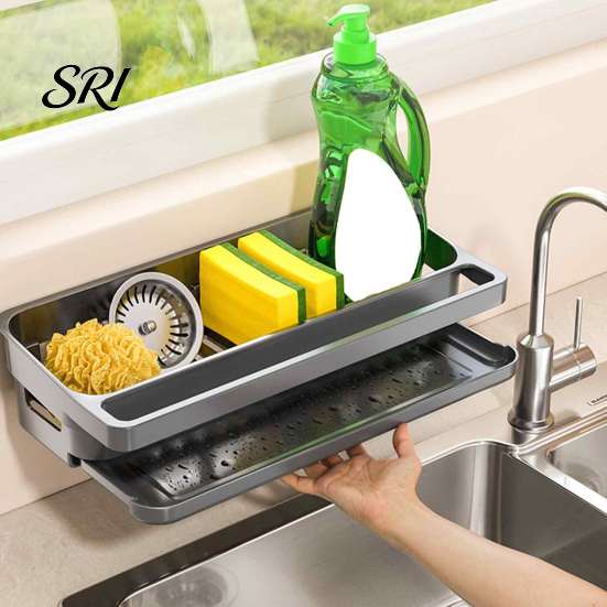 Adhesive Bathroom Storage Organizer Wall Mounted Drain Basket, Contain Detachable Drip Tray And Rag Kitchen Basket Holder, Large Capacity Hollow