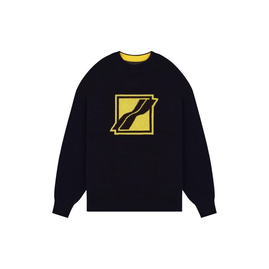 We11done Fw22 Yellow Square Logo Crew Neck Pullover Knit Sweater Unisex sweater Black WD-KT1-21-613-U-BK