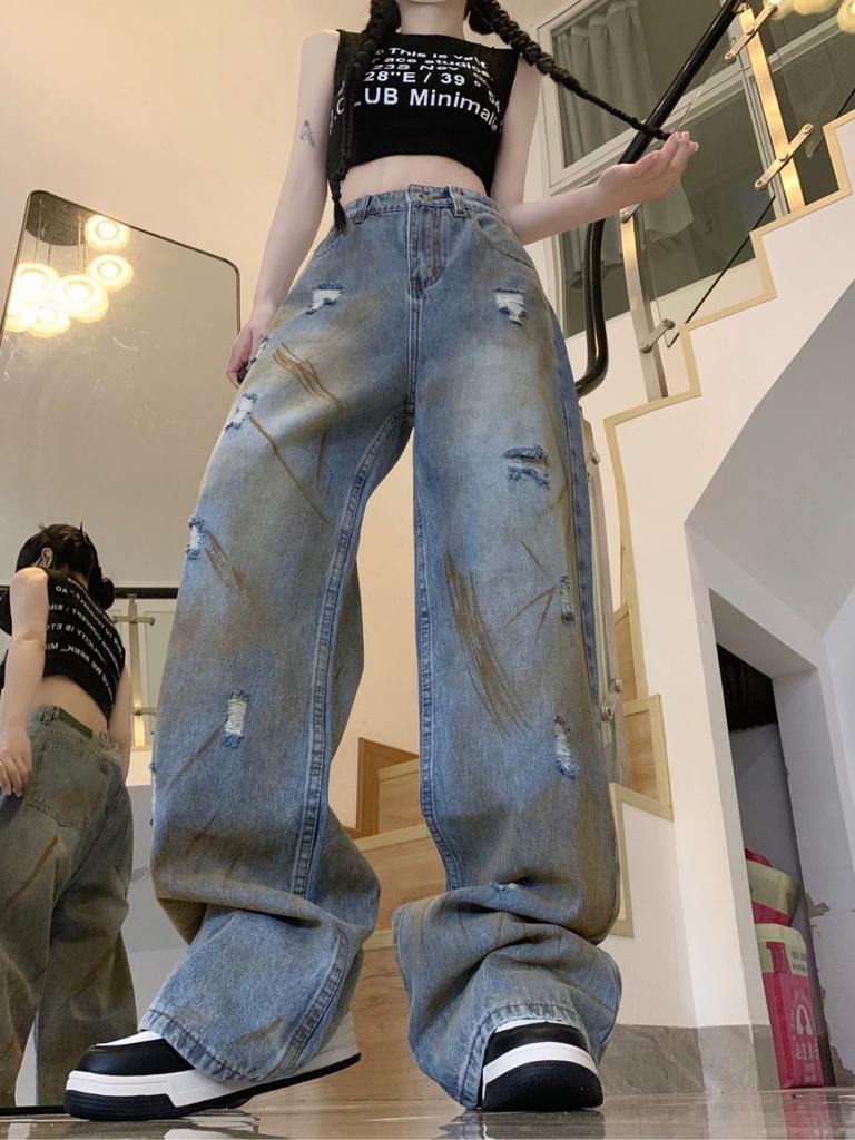 Американский стиль ретро джинсы Wasteland с высокой талией женские свободные повседневные прямые брюки уличная одежда эстетичный дизайн Ins длинные брюки