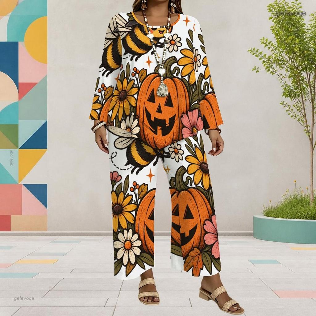 Women Plus Size Round Neck Long Sleeve Pumpkin Bee Floral Printed Top Wide Leg Cropped Pants Two Piece Set