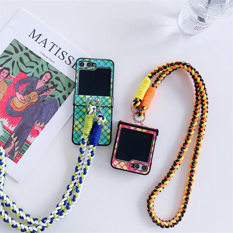 Подходит для Samsung ZFlip5 painted rhombus crossbody braided rope zflip3/4 складной всесторонний чехол защитная крышка импортная торговля